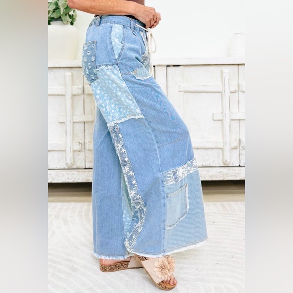 ✨NWT Pol Boho Patchwork Floral Multi-Patterned Wide Leg Lightweight Denim Pants - Picture 3 of 7